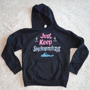 Girls Size Large Just Keep Swimming Black Hoodie, Hooded Sweatshirt, Like New!